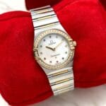 Omega Constellation Iris Steel Gold Diamond Bezel 25.5 mm Mother of Pearl Rainbow Multi Stone Dial, de cuarzo.