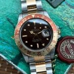 Rolex GMT-Master Two Tone 16753 Root Beer Tiger Eye Nipple Dial Oyster Bracelet, automático.